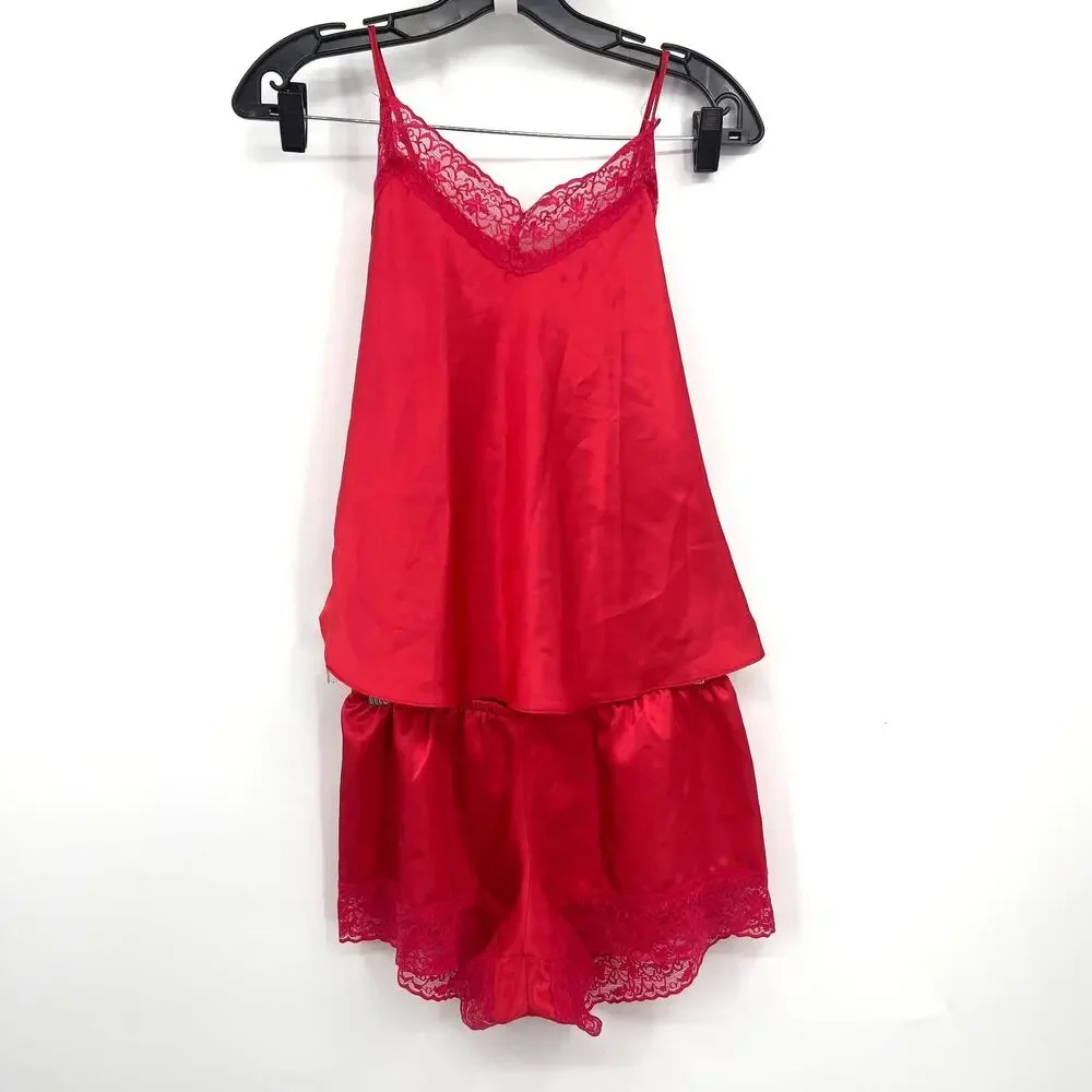 Nordstrom Red Satin Matching Pajama Lingerie Sexy Shorts Tank Set S Small - Picture 2 of 10